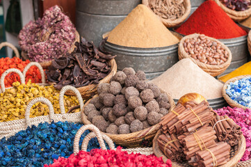 Herbal tea, herbs and spices / Market stall with herbal tea, herbs and spices.
