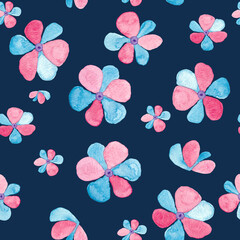 Pink and blue flowers watercolor painting- hand drawn seamless pattern on navy background