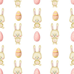 Hand drawn watercolor happy easter seamless pattern with bunny rabbits and eggs design. Bunny rabbits, eggs in cartoon cute style illustration on white. Cute baby bunnies illustration for design