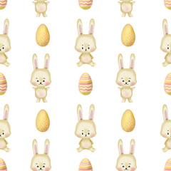 Hand drawn watercolor happy easter seamless pattern with bunny rabbits and eggs design. Bunny rabbits, eggs in cartoon cute style illustration on white. Cute baby bunnies illustration for design