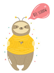 Funny sloth in a bee costume. Vector illustration