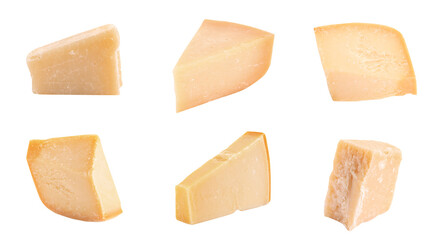 Set with pieces of delicious parmesan cheese on white background