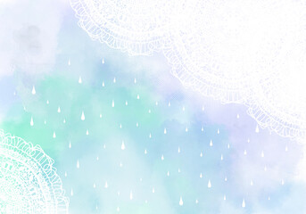 Naklejka na ściany i meble パステルブルー〜パープルの水彩グラデーションに白いレースとチュールの雲と雨粒の抽象背景イラスト