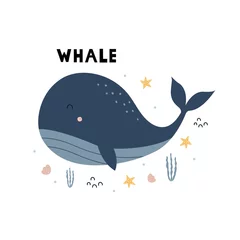 Papier Peint photo Baleine Blue whale cartoon flat style Design for web, print card Vector illustration