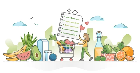 Fotobehang Food balance as healthy eating products choice while shopping outline concept © VectorMine
