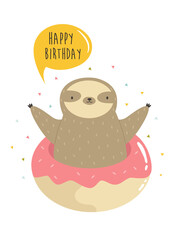 Cute sloth jumping of donut. Vector illustration of a funny animal.