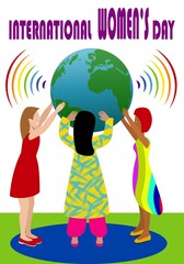 Día internacional de la mujer. Mujeres de diferentes continentes sujetando el planeta. Ondas arco iris