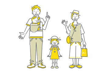 楽しく旅行へ出かける四人家族のシンプルでおしゃれな線画イラスト　二色　肌色なし