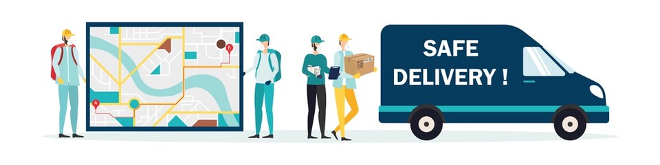 Safe delivery. Delivery by truck. A courier wearing a medical mask delivers a parcel to quarantine. Safe delivery concept with social distance. Vector illustration