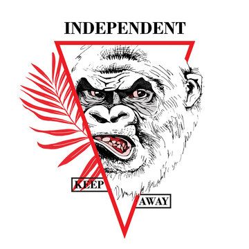 Sketch of a angry gorilla with a red exotic palm leaf. Independent. Keep away  - lettering quote. Emblem, Hand drawn style print. Vector illustration.