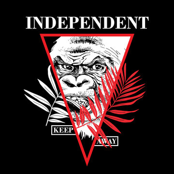 Sketch of a angry gorilla with a red exotic palm leaf. Independent. Keep away  - lettering quote. Emblem, Hand drawn style print. Vector illustration.
