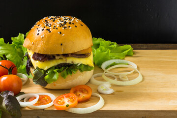 hamburger on a wooden table