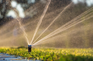 Automatic sprinkler system watering the lawn. Lawn irrigation in public park. - obrazy, fototapety, plakaty