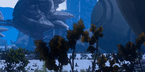 Futuristic concept art. Alien planet. Science fiction theme. Colorful artistic landscape. 2d illustration.