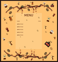 Menu layout for a coffee shop or cafeteria. Background with objects for making coffee.