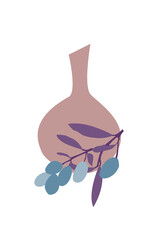 Abstract olive branch and jug. Vector flat illustration