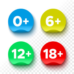 Age restriction icons. Round colorful stickers on transparent background. Tags. Vector illustration.