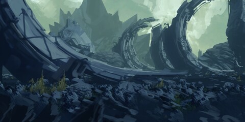 Futuristic scenery. Alien planet. Science fiction theme. Colorful artistic landscape. 2d illustration.