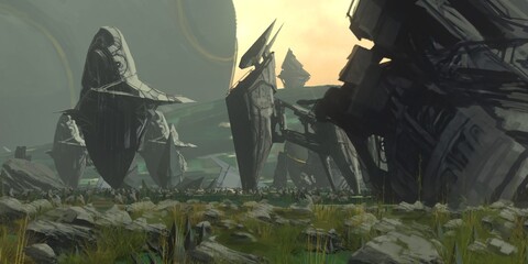 Futuristic scenery. Alien planet. Science fiction theme. Colorful artistic landscape. 2d illustration. © Jakub