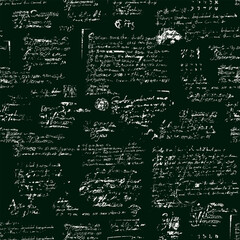 Abstract seamless pattern with handwritten scribbles, an imitation of entries and notes. Vector illustration with a sloppy script an a black background. Suitable for wallpaper, wrapping paper, fabric
