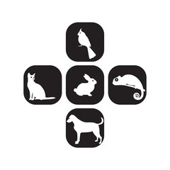 black and white icons of a cat, dog, rabbit, chameleon and bird