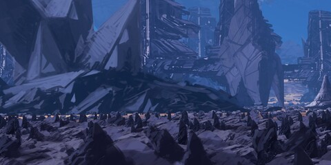 Futuristic concept art. Alien planet. Science fiction theme. Colorful artistic landscape. 2d illustration.