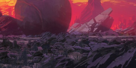 Fototapeta na wymiar Futuristic concept art. Alien planet. Science fiction theme. Colorful artistic landscape. 2d illustration.