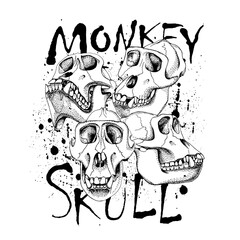 Poster with image of a skull monkey. Vector black and white illustration.