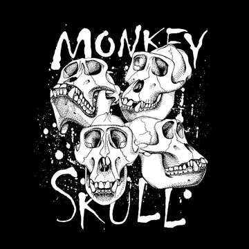 Poster with image of a skull monkey. Vector black and white illustration.