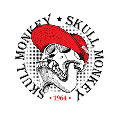 Emblem with image of a skull monkey in a red cap. Vector illustration.