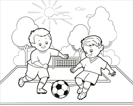 Coloring book: two boys, future football players play with a ball against the background of a football field. Vector illustration in cartoon style, isolated black and white line art
