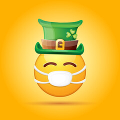 Vector Emoji sticker with mouth medical protection mask and saint Patricks green hat isolated on orange background. Yellow st. Patricks smile face character with hat and white surgeon mask.