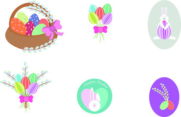 vector set of stickers on the theme of Easter, flowers from Easter eggs, basket with Easter eggs, Easter bunny
