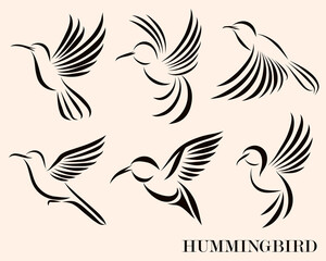 Line art Vector illustration six image set of flying hummingbirds. Suitable for making logos