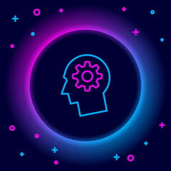 Glowing neon line Human head with gear inside icon isolated on black background. Artificial intelligence. Thinking brain. Symbol work of brain. Colorful outline concept. Vector.