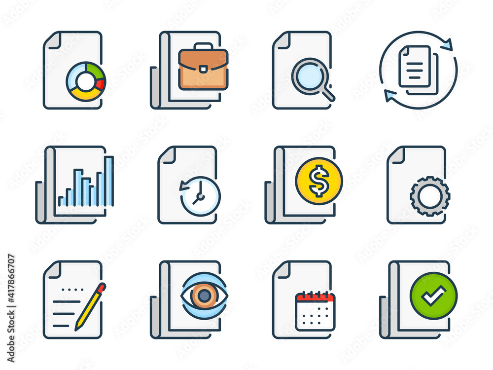 Poster report, business document and research list related vector color line icons. documentation and file 