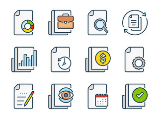 Report, Business document and Research list related vector color line icons. Documentation and File management colorful outline icon set.