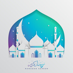 Ramadan Kareem greeting card. White paper cut mosque view. Window silhouette with arabian geometric pattern. Vector illustration.