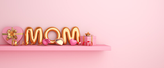Happy mothers day decoration background with heart shape gift box, mom text balloon, rose flower on shelf, copy space, 3D rendering illustration