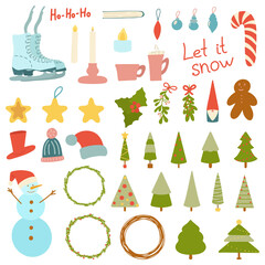 Fototapeta na wymiar Large set of Christmas elements, objects isolated on a white background. Merry Christmas and Happy New Year. Skates and snowman, tree, gnome, candles, wreaths, holly, mistletoe and cookies, candy.