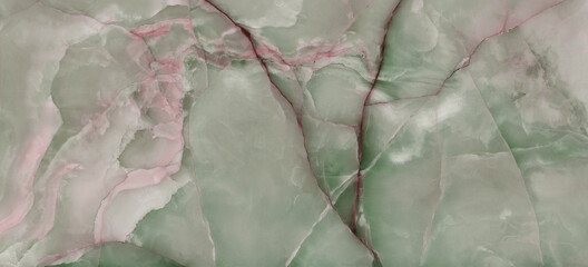 Fototapeta premium Onyx green marble background with brown and pink curly veins, polished quartz stone background, Crystal green marble glitter smooth surface, natural breccia stone agate surface.