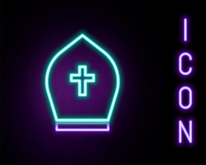 Fototapeta premium Glowing neon line Pope hat icon isolated on black background. Christian hat sign. Colorful outline concept. Vector.