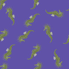 Seamless random pattern with doodle green seahorse silhouettes print. Blue background. Simple design.