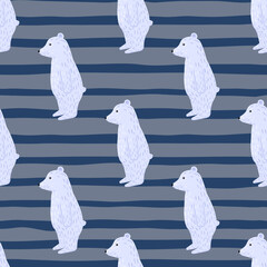 Minimalistic seamless animal arctic pattern with doodle polar bear silhouettes. Grey and blue striped background. © smth.design