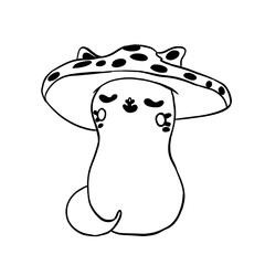 happy cat in a mushroom hat black illustration on white background