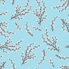 Blooming pussy willow seamless pattern. Vector illustration of spring flowers in cartoon flat style. Botanical floral background. - obrazy, fototapety, plakaty