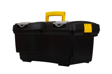 black plastic container tool box isolated on white background closeup