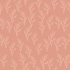 Natural abstract seamless pattern with light random branch silhouettes ornament. Pink pastel background.