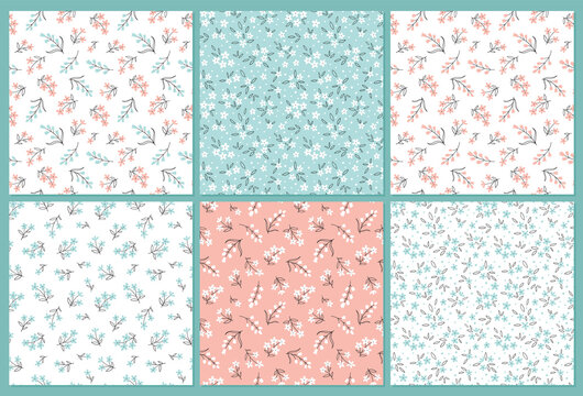 Collection Floral seamless patterns with cute little flowers. Simple doodle hand drawn style.