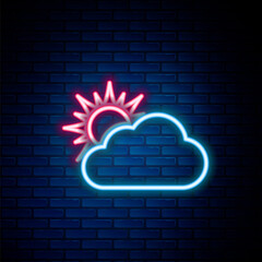 Glowing neon line Sun and cloud weather icon isolated on brick wall background. Colorful outline concept. Vector.